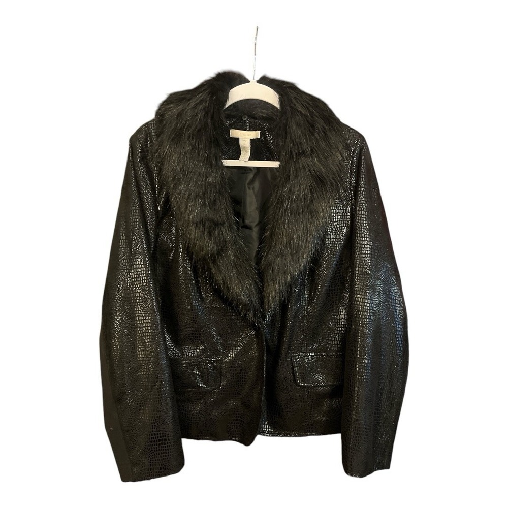 Chico's Faux Fur Collar Snakeskin Jacket Womens 2 Black Excellent Embossed Coat - Picture 2 of 5
